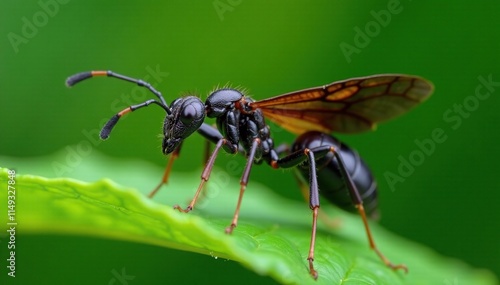 Full-body view of a large black winged ant on a green leaf stem, leaf, macro, full-body