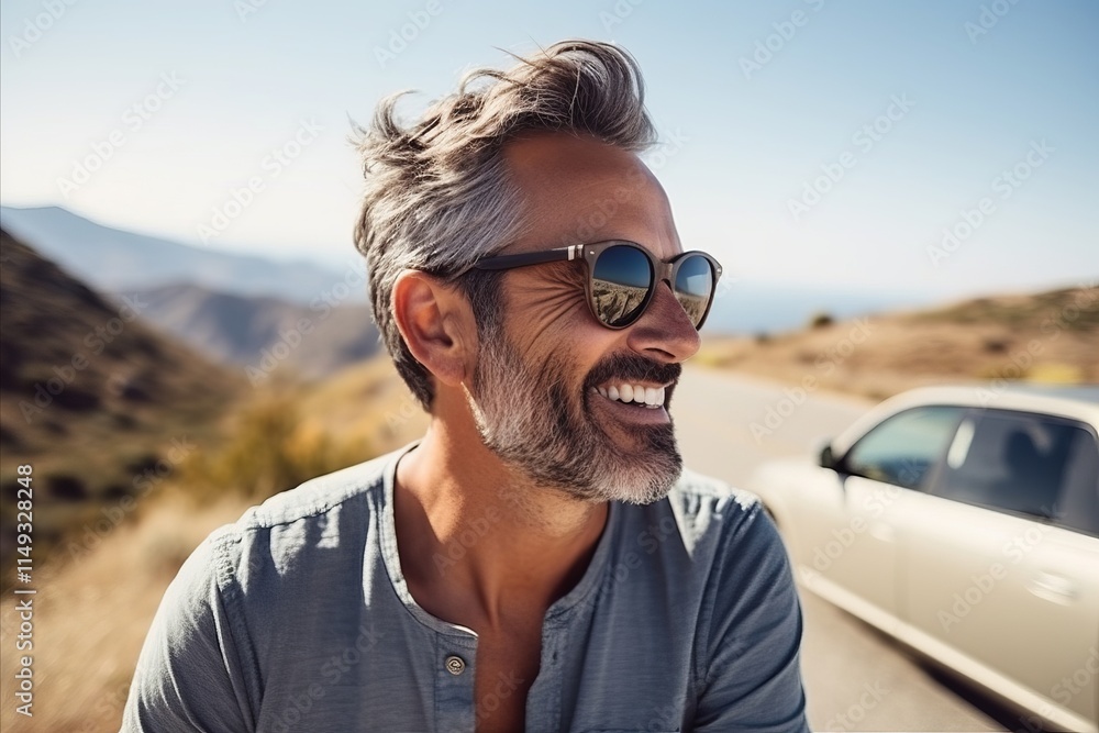 Portrait of a handsome middle-aged man wearing sunglasses on the road Portrait of a handsome middle-aged man wearing sunglasses on the road