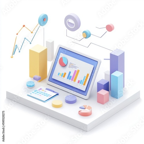 A computer monitor displays a colorful graph with various shapes and numbers. Concept of creativity and innovation, as the colorful shapes and patterns suggest a modern. The use of bright colors