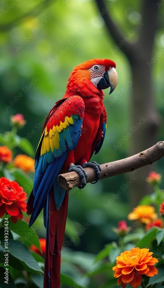 Fototapeta premium Macaw perched on a colorful branch in a lush garden filled with flowers, garden, tree