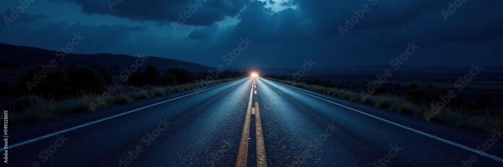 Nighttime road with dark asphalt pavement and black tire tracks leading into the distance, nighttime landscape, dark asphalt, darkness Nighttime road with dark asphalt pavement and black tire tracks leading into the distance, nighttime landscape, dark asphalt, darkness