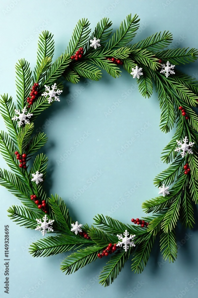 Ornate wreath made of evergreen pine branches and decorated with sparkling snowflakes, pine, winter Ornate wreath made of evergreen pine branches and decorated with sparkling snowflakes, pine, winter