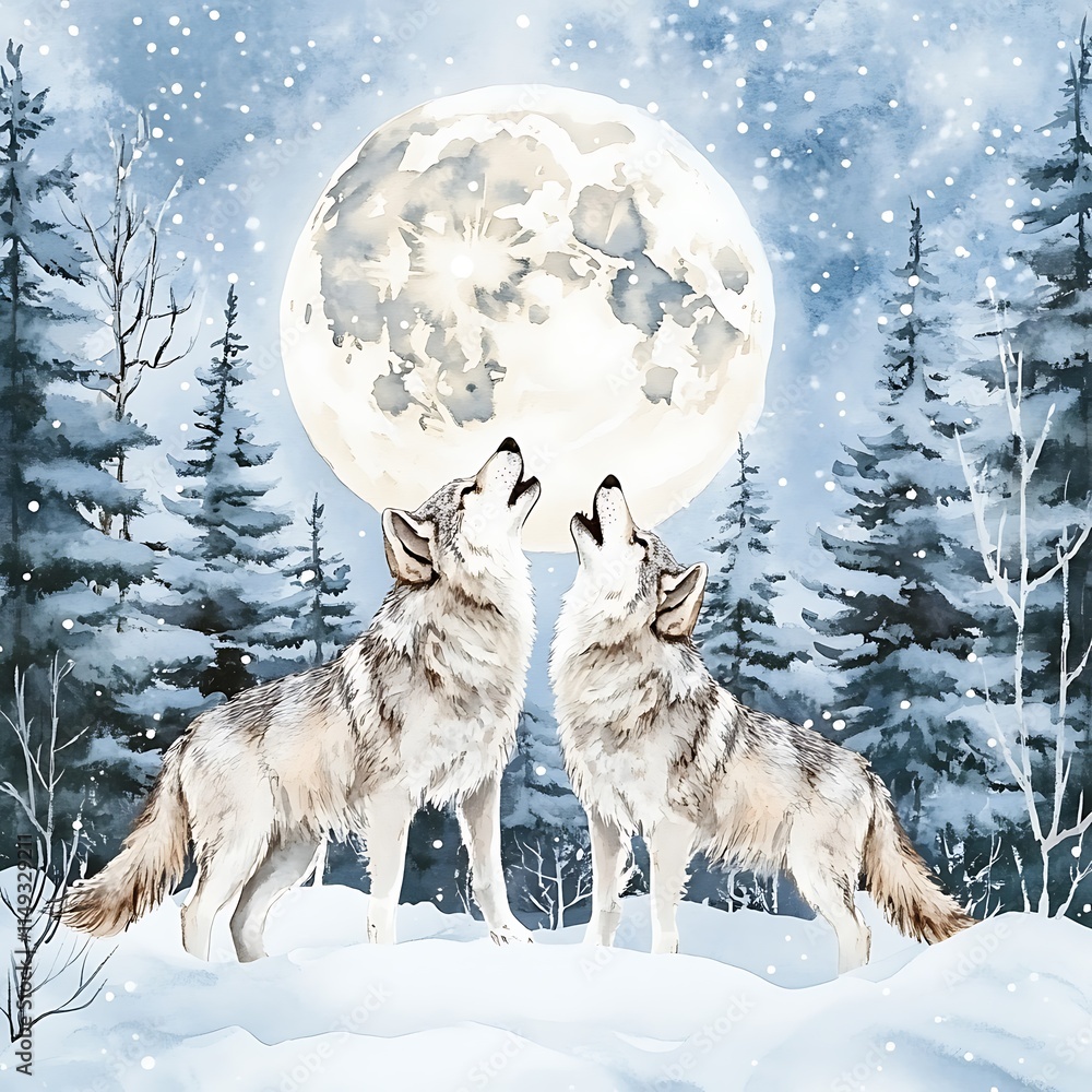 Fototapeta premium Two Wolves Howling at the Full Moon in a Snowy Winter Forest, Watercolor Painting.