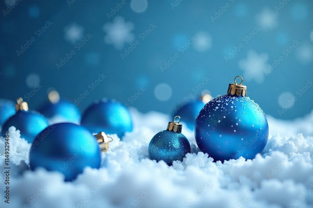 Small blue Christmas balls scattered on a snowy background, blue christmas, holiday cheer Small blue Christmas balls scattered on a snowy background, blue christmas, holiday cheer