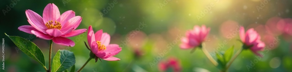 Soft focus of blooming flowers amidst the foliage, plant life, petals Soft focus of blooming flowers amidst the foliage, plant life, petals