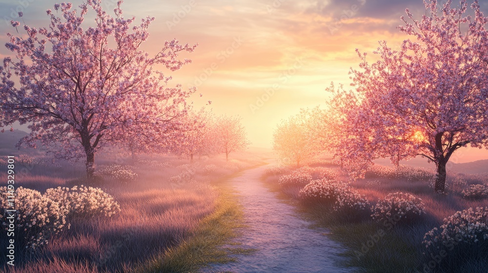 spring landscape with path and blossoming trees at sunrise spring landscape with path and blossoming trees at sunrise