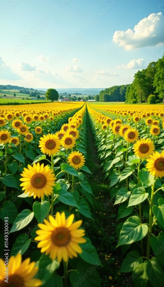 Obraz premium Sunflower field stretching towards the horizon, rural scenery, green