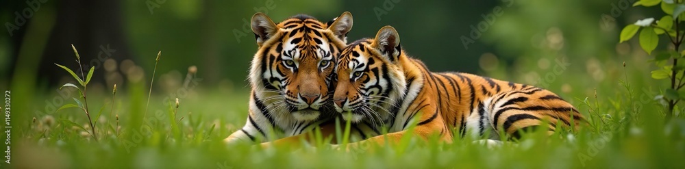 Fototapeta premium Tigress and cub cuddled up together in a thicket, peaceful, nuzzle