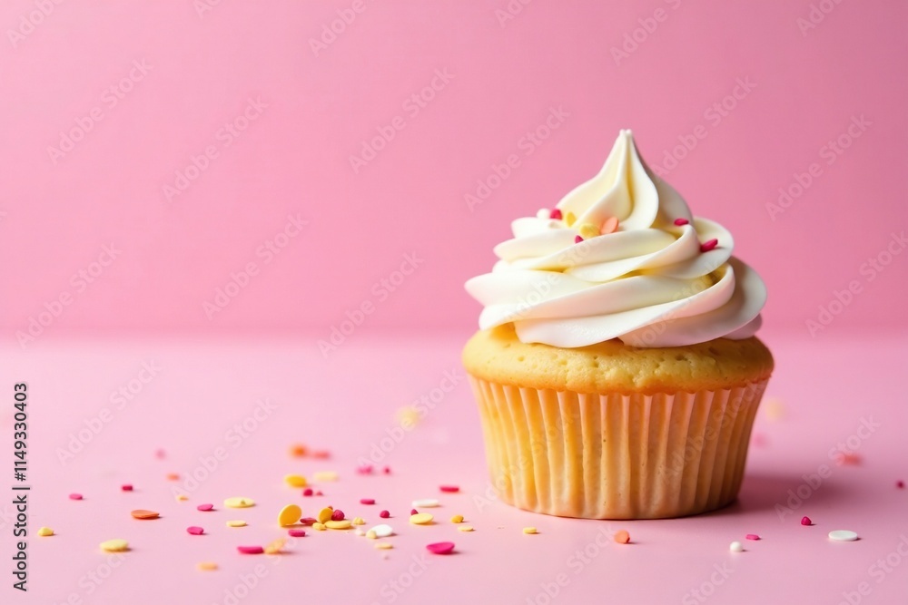 Vanilla cupcake with white frosting and colorful confetti on a pastel pink background, sweet indulgence, spring flowers, cupcakes Vanilla cupcake with white frosting and colorful confetti on a pastel pink background, sweet indulgence, spring flowers, cupcakes