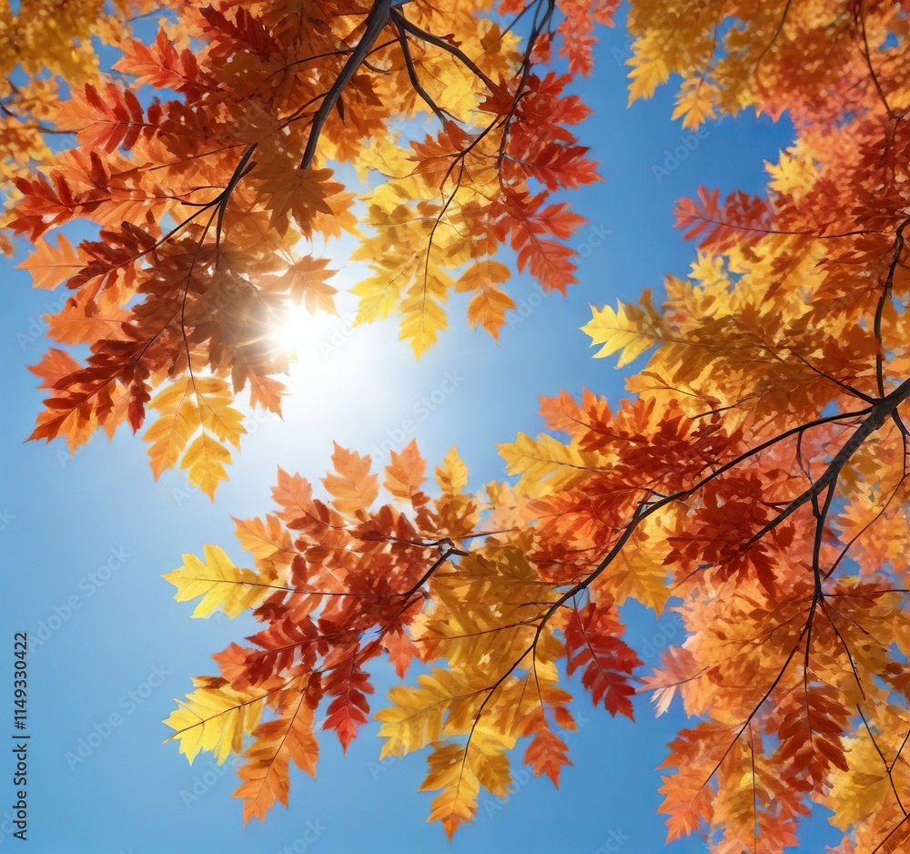 Vibrant autumn leaves against a clear blue sky with bright sunshine, warm weather, sunlight