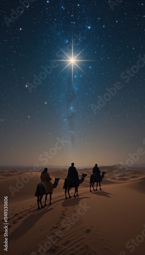 Three Wise Men on their way to meet Christ. Vertical shot with space for text