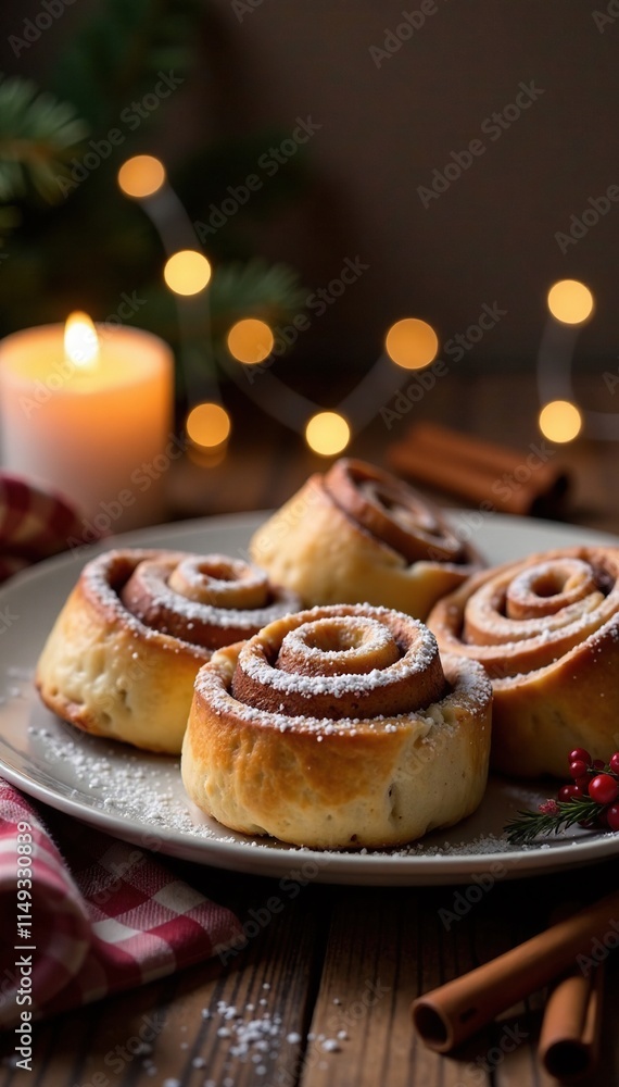 A plate of steaming cinnamon rolls next to lit candles and a few strands of fairy lights, warm dessert, winter baked goods, cozy atmosphere A plate of steaming cinnamon rolls next to lit candles and a few strands of fairy lights, warm dessert, winter baked goods, cozy atmosphere