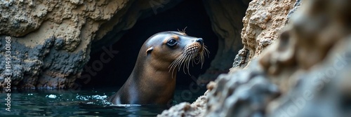 A sea lion's head and flippers stuck in a narrow crevice, rock, sea lion in rock, wildlife photo