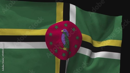 The Green with a Cross of Yellow, Black, and White and a Red Disc with a Sisserou Parrot: The Animated Flag of Dominica with Transparent Background, Clean Cutout, 4K Quality with Alpha Channel photo