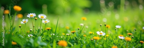 Boltonia asteroides var latisquama plants in a lush meadow with other wildflowers and grass, lush, botanics, green photo