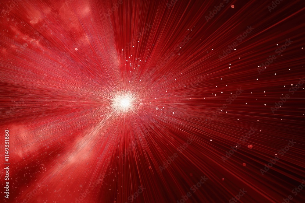 Fototapeta premium Abstract vibrant red light burst with bokeh effect. Bright red rays radiate outwards from central point. Blurred light particles create festive atmosphere. Image perfect for holiday cards, website