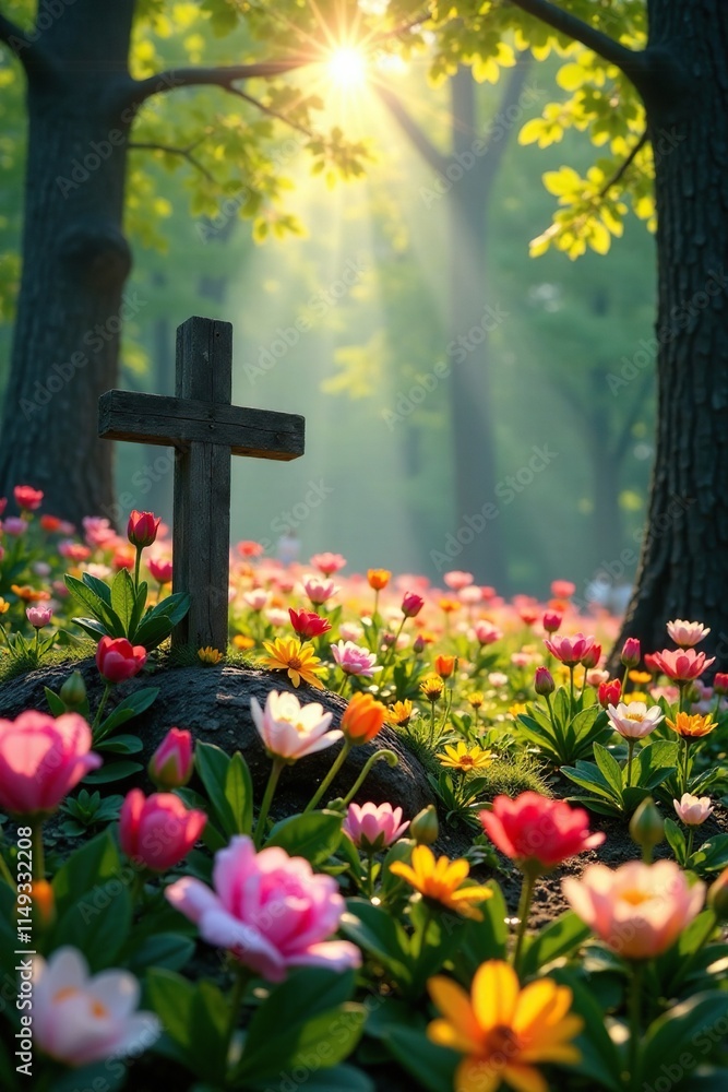 Early morning light shines down on a forest clearing with a simple wooden cross amidst an explosion of colorful spring blooms, natural, spring flowers Early morning light shines down on a forest clearing with a simple wooden cross amidst an explosion of colorful spring blooms, natural, spring flowers