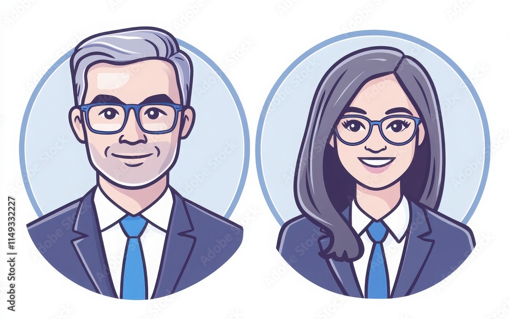 Minimalistic line art icons showcasing a man and a woman in suits with blue ties, gray hair, and glasses. Both are smiling, with clear outlines and simple details. Minimalistic line art icons showcasing a man and a woman in suits with blue ties, gray hair, and glasses. Both are smiling, with clear outlines and simple details.