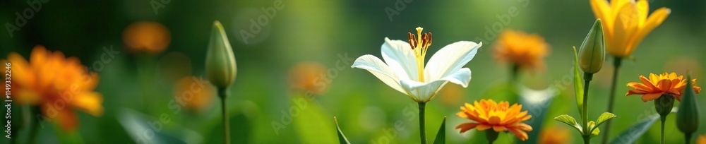 Obraz premium Elegant white lily blooms in a lush green garden amidst vibrant flowers, blooming flowers, garden flowers