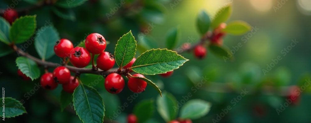 Evergreen branch with bright red berries and dark green leaves, seasonal, foliage Evergreen branch with bright red berries and dark green leaves, seasonal, foliage