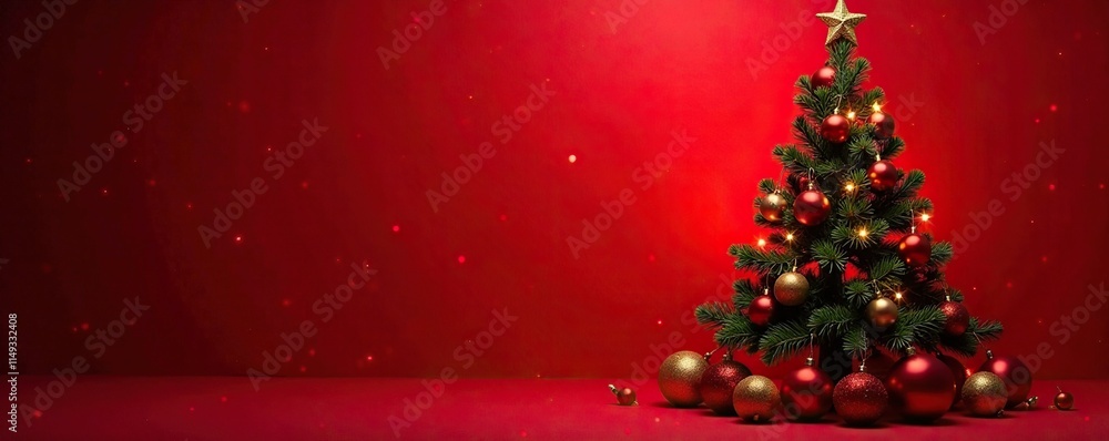 Fondo rojo con ?rbol de navidad decorado con luces y decoraciones, glow, holiday, ornaments Fondo rojo con ?rbol de navidad decorado con luces y decoraciones, glow, holiday, ornaments