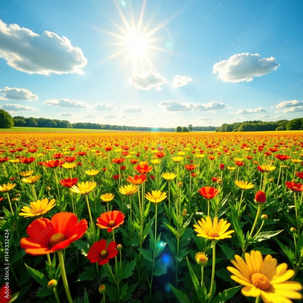 Field of sun-kissed wildflowers stretching towards the sky, expansive, field, sky Field of sun-kissed wildflowers stretching towards the sky, expansive, field, sky