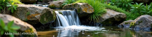 Gentle waterfall pouring over weathered granite stones in a lush garden landscape, gentle, pouring