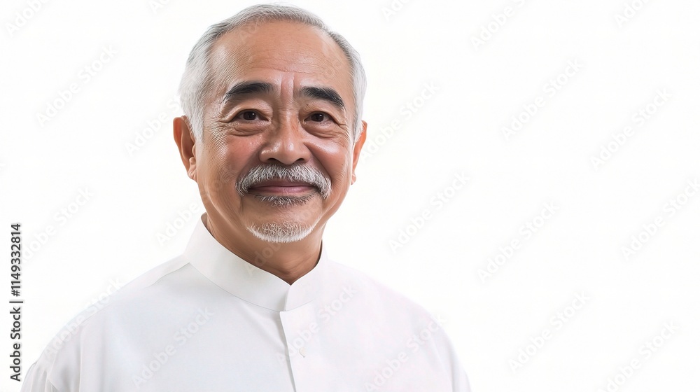 Smiling Elderly Asian Man with Mustache in Traditional Attire Smiling Elderly Asian Man with Mustache in Traditional Attire