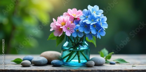 Glockenblumes in a blue glass eimer with scattered stones and leaves, decorative accents, garden decor, flowers photo