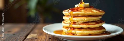 golden brown pancakes stacked high on a plate with a honey drizzle, pancakes, food