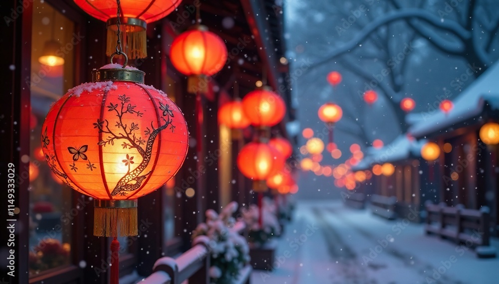 Intricately designed Chinese lanterns illuminated by soft golden light on a snowy night, snow, lantern, cozy atmosphere Intricately designed Chinese lanterns illuminated by soft golden light on a snowy night, snow, lantern, cozy atmosphere