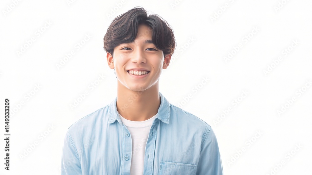 Smiling Young Asian Man with Short Black Hair in Light Background Smiling Young Asian Man with Short Black Hair in Light Background