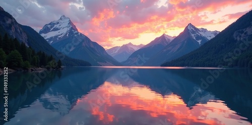 Majestic mountains reflected in the calm surface of a serene lake as sunset approaches, lake, mountains, photo