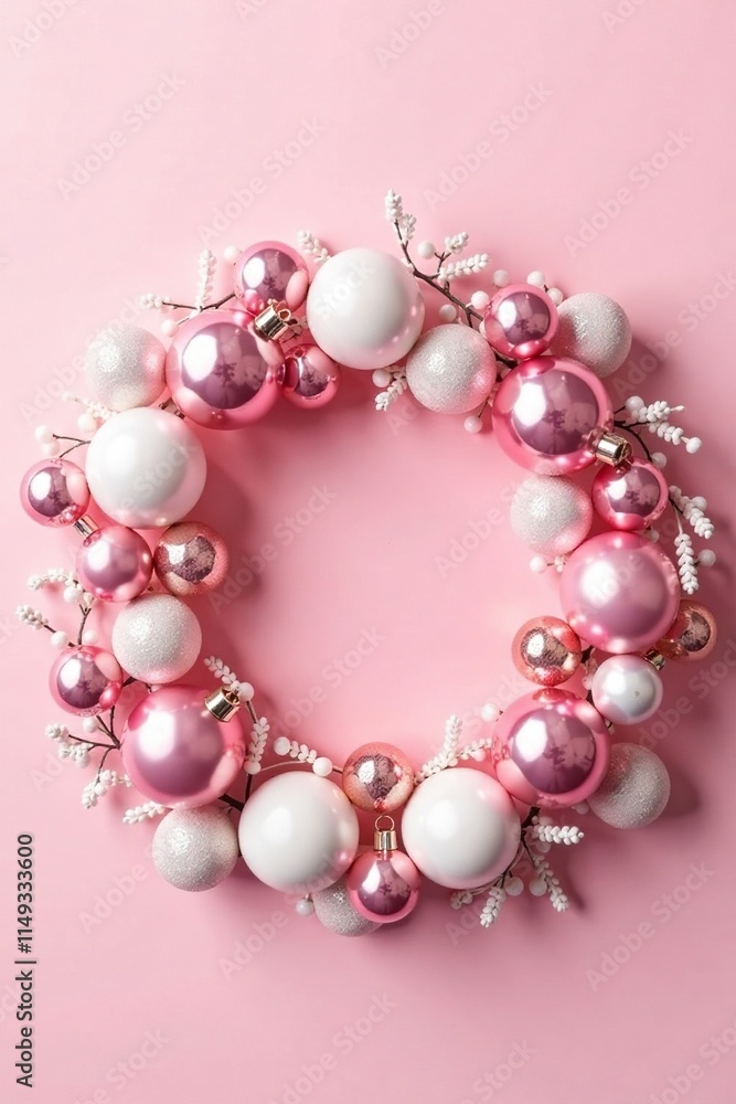 Pink and white glass balls and branches in a festive wreath shape on a soft pink background, wreath, pink, holiday decor Pink and white glass balls and branches in a festive wreath shape on a soft pink background, wreath, pink, holiday decor