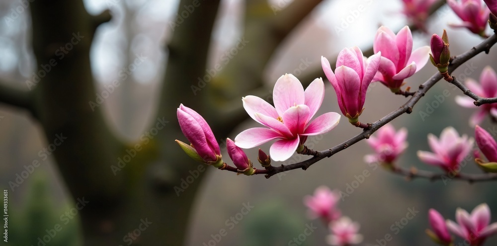 Pink magnolia flowers blooming on the bare branches of a large evergreen tree, tree, nature Pink magnolia flowers blooming on the bare branches of a large evergreen tree, tree, nature