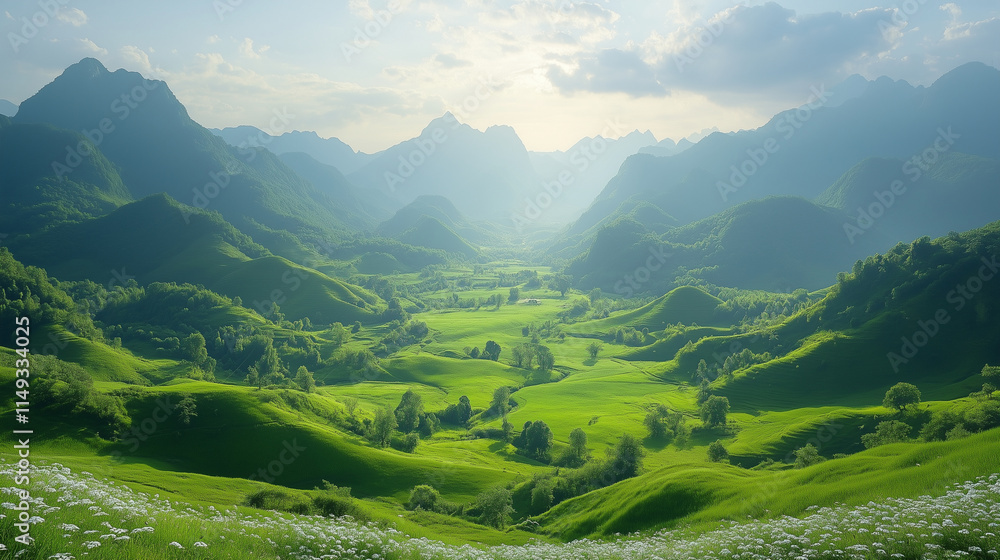 Fototapeta premium A lush green valley with trees and mountains