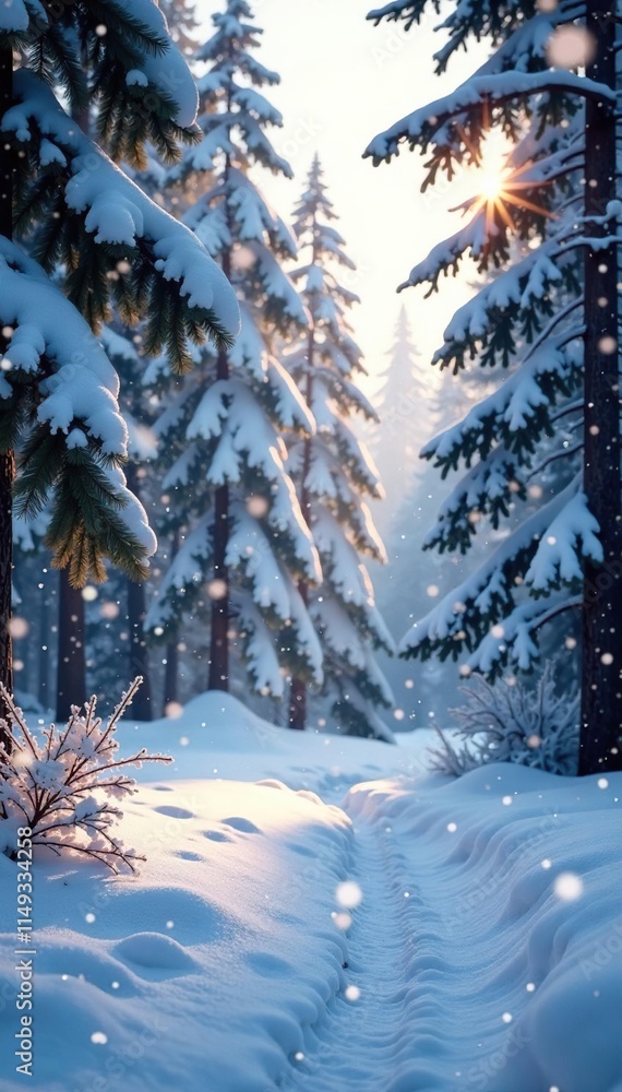 Snowy forest landscape with falling snowflakes and bokeh effect, winter wonderland, magical ambiance Snowy forest landscape with falling snowflakes and bokeh effect, winter wonderland, magical ambiance