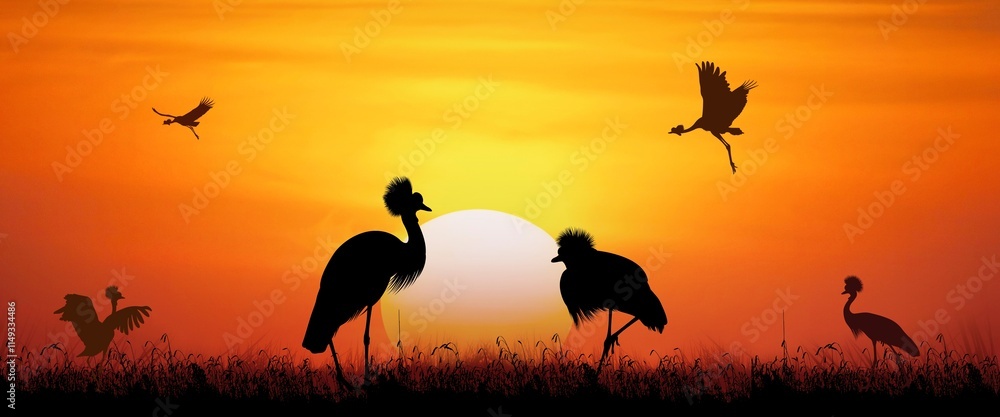 Naklejka premium African wildlife group of crown bird on the savannah