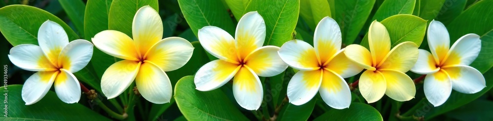 Fototapeta premium stunning white and yellow plumeria flowers arranged in a loose, organic shape against a vibrant green leafy background, floral arrangement,, garden flowers