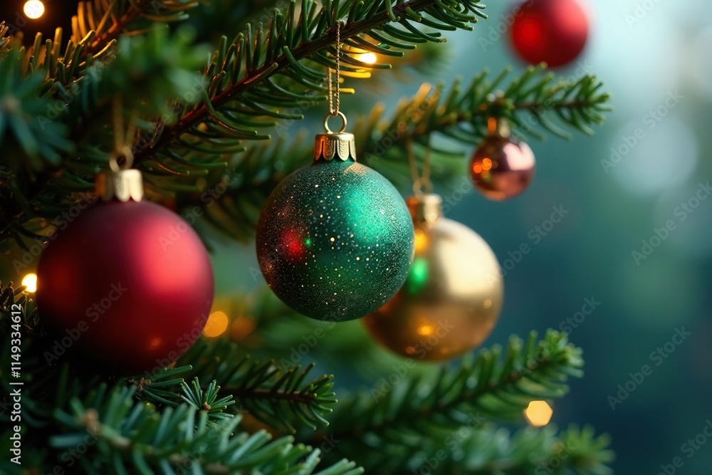 Sparkly Christmas ball ornaments hanging from the lower branches of a fir tree, tree, balls Sparkly Christmas ball ornaments hanging from the lower branches of a fir tree, tree, balls