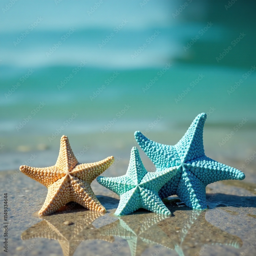 Starfishes in shades of indigo and turquoise arranged artfully on the shore of a tranquil lake, water features, serenity Starfishes in shades of indigo and turquoise arranged artfully on the shore of a tranquil lake, water features, serenity