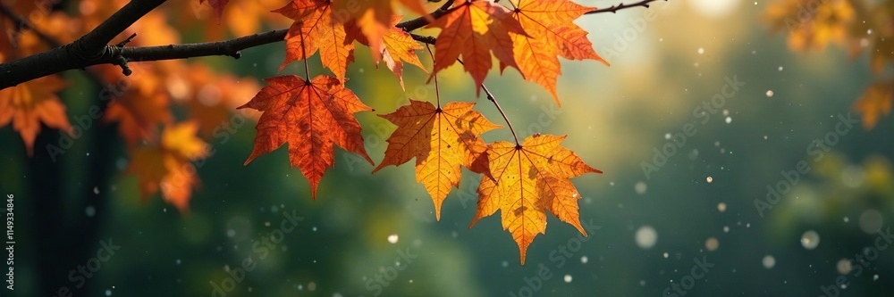 The rain causes the autumn leaves on tree branches to become soggy and limp, creating a waterlogged scene, drenched leaves, tree branches The rain causes the autumn leaves on tree branches to become soggy and limp, creating a waterlogged scene, drenched leaves, tree branches