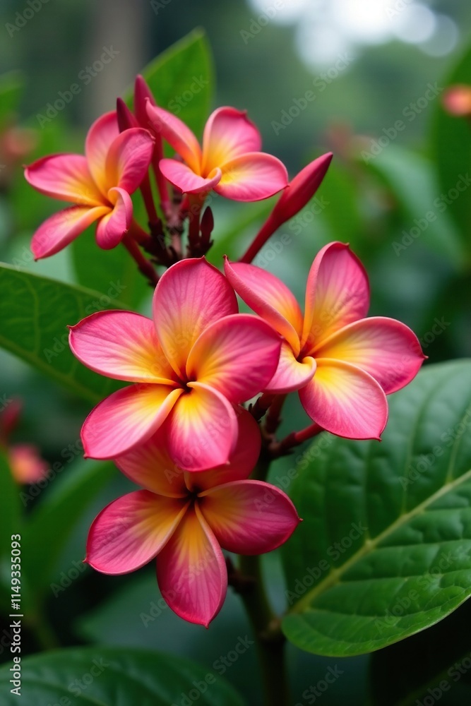 Vibrant plumeria flowers blooming in a lush garden, floral arrangement, big bright flowers, nature beauty Vibrant plumeria flowers blooming in a lush garden, floral arrangement, big bright flowers, nature beauty