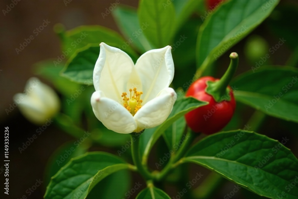 White flower petals unfolding on a ripening hot pepper bush, botanical, white flower, red White flower petals unfolding on a ripening hot pepper bush, botanical, white flower, red