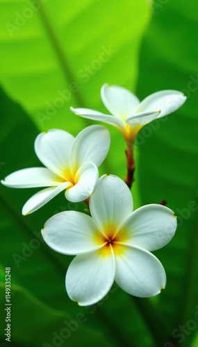 White plumeria flowers against a bright green leafy background, branch, nature, plumeria