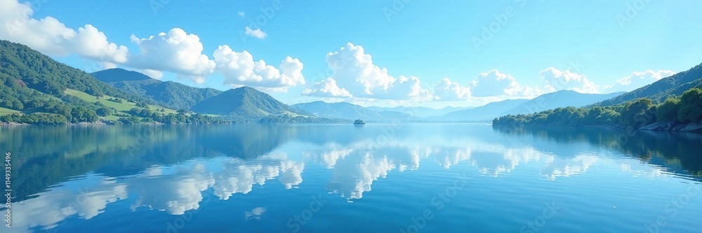 A serene blue sky reflected in a calm body of water, serene atmosphere, outdoor photography, tranquil surroundings A serene blue sky reflected in a calm body of water, serene atmosphere, outdoor photography, tranquil surroundings