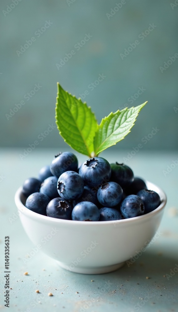 A single large green leaf perches atop a small pile of organic blueberries in a white bowl, adding a touch of elegance, leaf, whitewash, white bowl A single large green leaf perches atop a small pile of organic blueberries in a white bowl, adding a touch of elegance, leaf, whitewash, white bowl