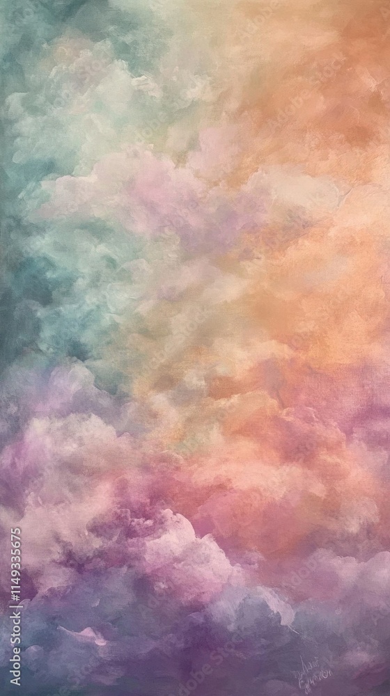 Fototapeta premium A painting of a colorful sky with clouds. The sky is a mix of blue, purple, and orange. The clouds are fluffy and spread out across the sky. The painting gives off a feeling of calmness and serenity