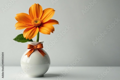 A single orange flower in a vase with a bow on the neck, centerpiece, decorative item, arrangement