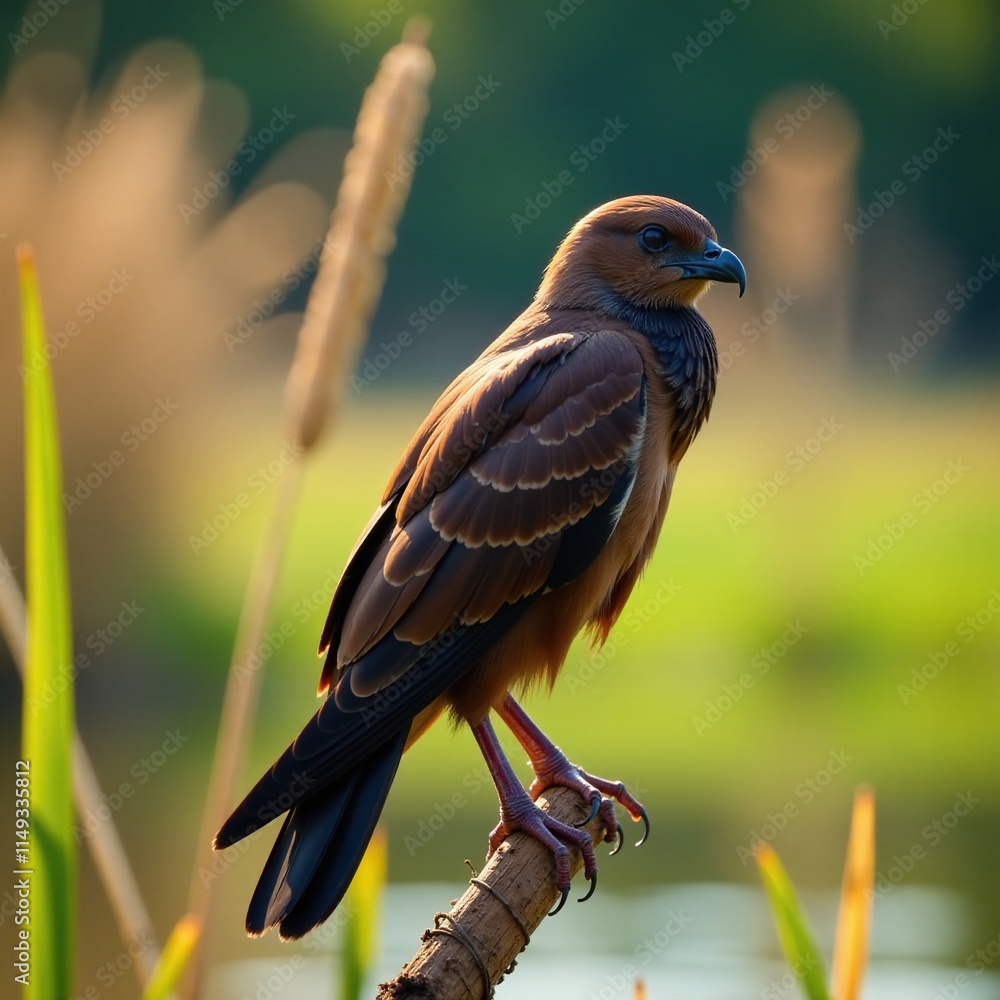 A snail kite perched on a bundle of marsh sticks with sunlight filtering through the reeds, snail kite, sunlit, marsh A snail kite perched on a bundle of marsh sticks with sunlight filtering through the reeds, snail kite, sunlit, marsh